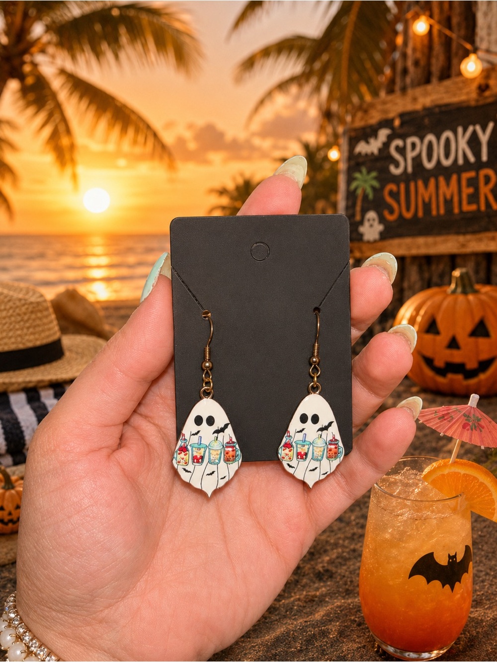 Ghost Halloween Cocktail Dangle Earrings - White